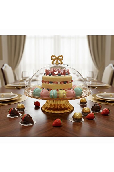 Generic طبق كيك أكريليك شفاف بقاعدة وغطاء ذهبي