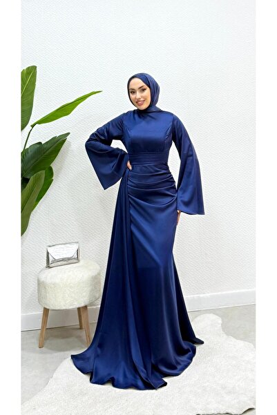 modadeywearst Drape Detaylı Kuyruklu Saten Tesettür Abiye