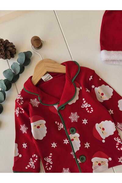 Baharda Nova %100 Pamuk Şapkalı Yeni Yıl Konsepti Uzun Kollu Düğmeli Mevsimlik Kız Erkek Bebek Çocuk Pijaması