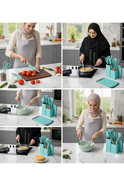 YAH Creation YAH 19-Piecs Premium Silicone Kitchen Utensil Set w/ Wooden Handles, Stainless Steel Knives / Gray