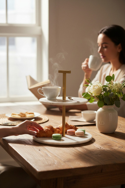 Akayev Marble White 25 cm Matte Gold Two-Tier Presentation Plate