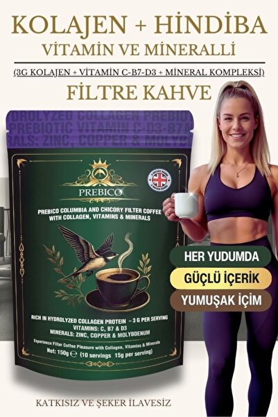 Prebico Prebiyotik, Kolajen, Multivitamin, Multimineral ve Hindiba İçeren Columbia Filtre Detoks Kahvesi