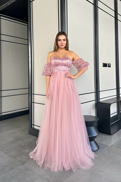 PER LEI Pudra Straplez Balon Kol İncili Tül Prenses Uzun Abiye Elbise