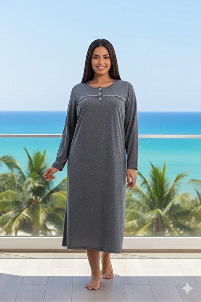 Lohusa Dünyasi Women's Plus Size Long Sleeve Piping Oversized Single Nightgown