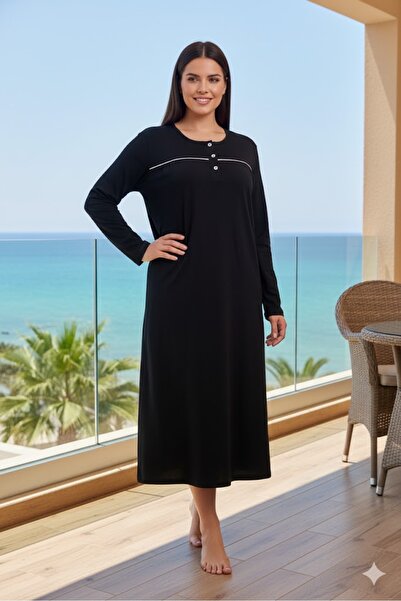 Lohusa Dünyasi Women's Plus Size Long Sleeve Piping Oversized Single Nightgown