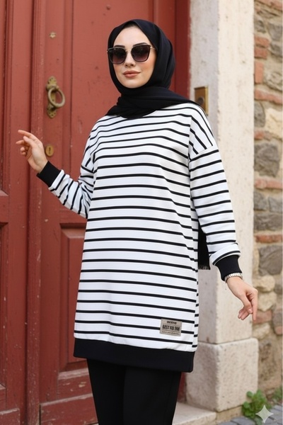 İmajButik Ecru Striped Crew Neck Embroidered Tunic