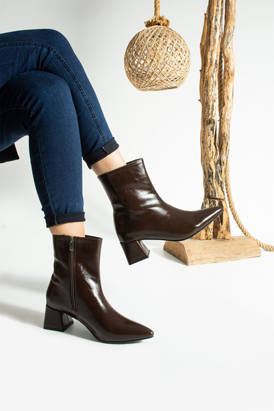 KOTAN Γυναικείες μπότες με φερμουάρ με χοντρό τακούνι σε καφέ γυαλιστερό χρώμα-Κομψό εφέ δέρματος Νέα σεζόν