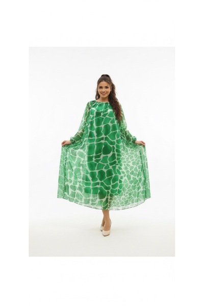 Cb Made In Italy %100 Italyan Ipek Yeşil Desenli Salaş Elbise – Tek Beden Ove...