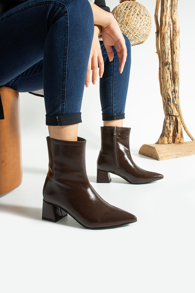 KOTAN Γυναικείες μπότες με φερμουάρ με χοντρό τακούνι σε καφέ γυαλιστερό χρώμα-Κομψό εφέ δέρματος Νέα σεζόν