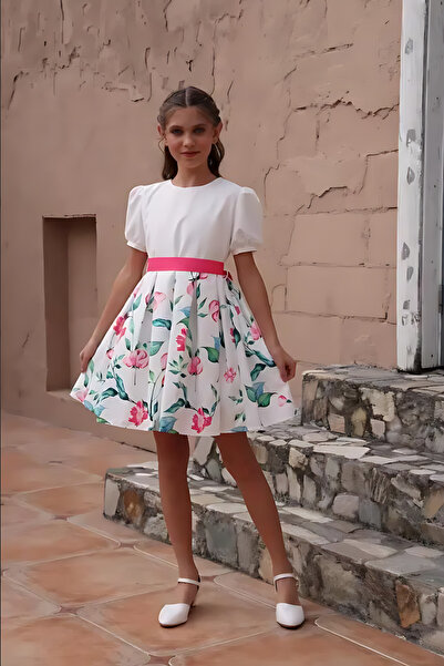 Alesaei-mondo tondo فستان بناتي ابيض مشجر بالأسفل 7044