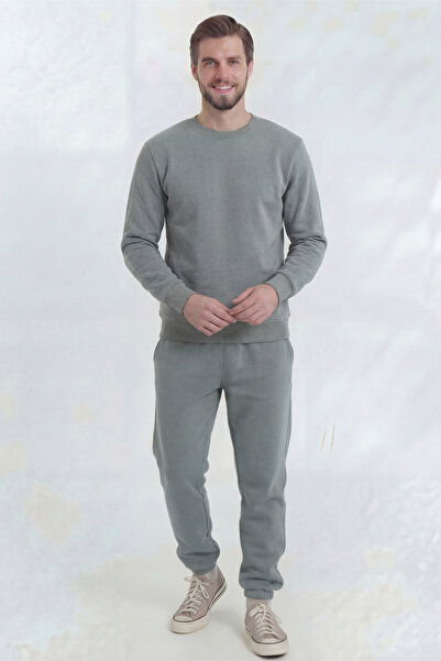 Veleno Gray Men's Crew Neck 3 Thread Tracksuit Set Soft Puff Fabric