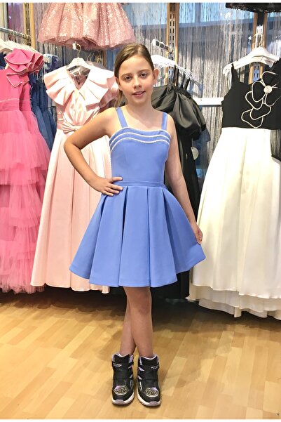 Erkut Rochie de seara scurta pentru fete din stofa creponata de culoare indigo cu bretele groase