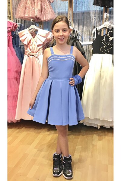 Erkut Rochie de seara scurta pentru fete din stofa creponata de culoare indigo cu bretele groase