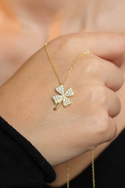 Kiriş Gümüş 925 Ayar Gümüş Altın Yaldızlı Yonca Modeli Kadın Gümüş Kolye (40+...