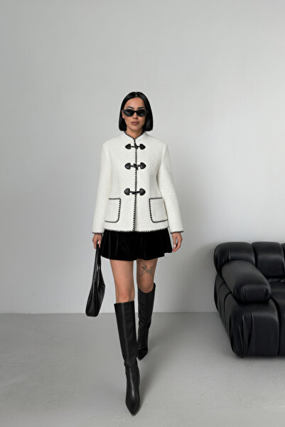 ALFUDO Moda Collection Ecru Buttoned Plush Women's Coat