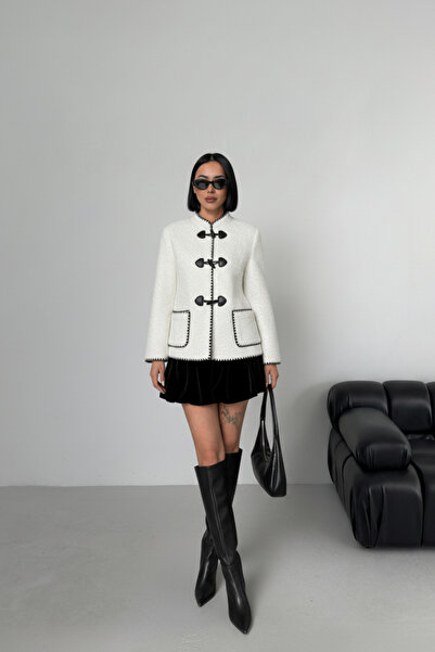 ALFUDO Moda Collection Ecru Buttoned Plush Women's Coat