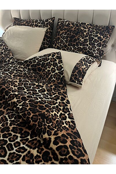 Zeren Home 100% Cotton Satin Leopard Pattern Double Duvet Cover Set 6 Pieces