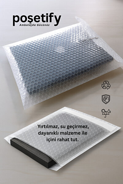 POŞETİFY Balonlu Kargo Poşeti 25x30x5 cm | 5 Adet | Şeffaf | Yapışkan Bantlı Kargo Zarfı | 80 Gram