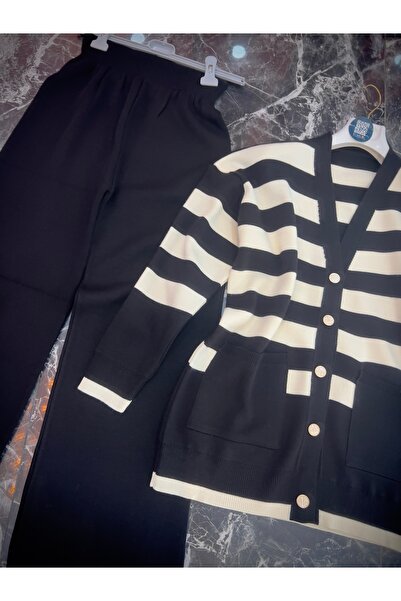 MY QILAM Γυναικείο Σετ Χιτζάμπ Ριγέ με λαιμόκοψη σε σχήμα V με χρυσό κουμπί Λεπτομερές Ζακέτα Παντελόνι Πλεκτό Σετ Μαύρο