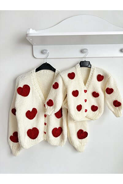 EMAKROME Cardigan tricotat manual, combinat mamă-fiică, cu inimioare