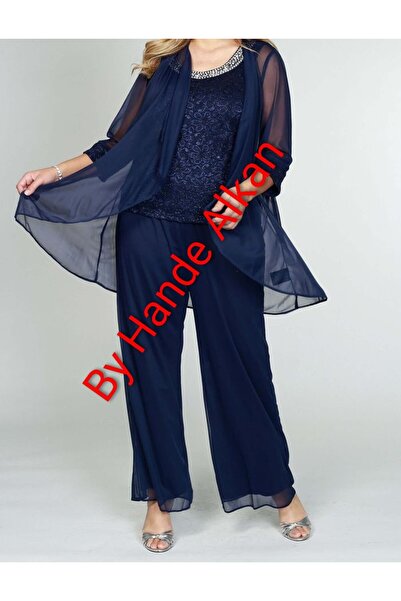 By Hande Alkan Women's Plus Size Navy Blue Chiffon Jacket Pants Blouse Set