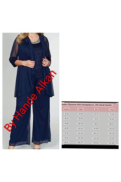 By Hande Alkan Women's Plus Size Navy Blue Chiffon Jacket Pants Blouse Set