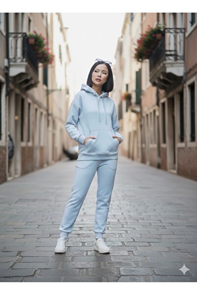 jeneric Bebe Mavi Kapüşonlu Kanguru Cepli Oversize Lastik Paça İçi Polarlı Kadın Eşofman Takımı