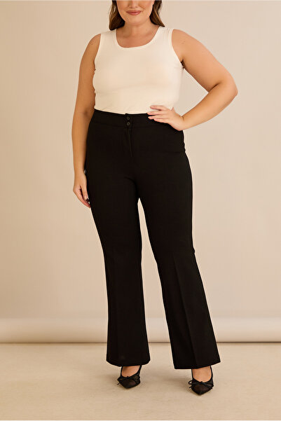 FOR ESRA BIG TREND Women's Plus Size Raised Waist Double Button Spanish Leg Crepe Woven Stretchy Trousers