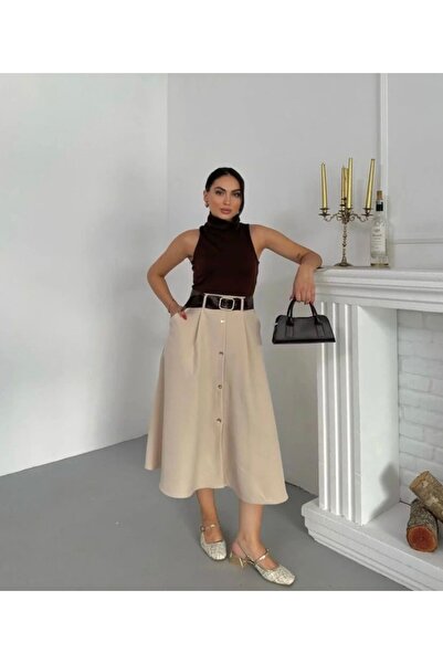 Afiş Butik Καφέ γυναικείο φόρεμα με ζώνη και λεπτομέρεια με κουμπιά χωρίς μανίκια