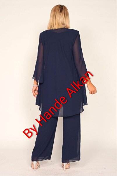 By Hande Alkan Women's Plus Size Navy Blue Chiffon Jacket Pants Blouse Set