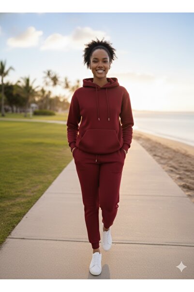 jeneric Burgundy Hooded Kangaroo Pocket Oversized Elastic Leg Women's Tracksu...