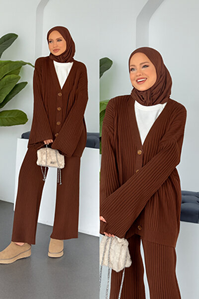 MY QILAM Γυναικείο Σετ Πλεκτό Χιτζάμπ Κερασί Κεντημένο Ζακέτα με Φούστα Σετ Καφέ