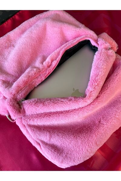 fluffy Cindy Pink / Şeker Pembe Renk Peluş Kapaklı Postacı Çapraz Askılı Omuz Okul Çantası
