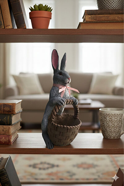 Dekoromi Dekoratif Sepetli Tavşan Heykel Biblo (40x23cm)