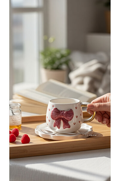 EL YAPIMI 24k altın süslemeli kırmızı fiyonk seramik fincan hediyelik