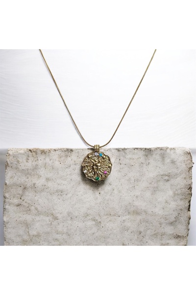 HOUSEKİ Vintage Renkli Taşlı Güneş Desenli Plaka Kolye