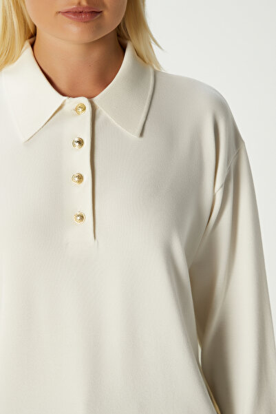 Ritnice Women's White Gold Button Detailed Premium Texture Polo Collar Knitwear Sweater