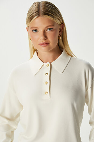 Ritnice Women's White Gold Button Detailed Premium Texture Polo Collar Knitwear Sweater