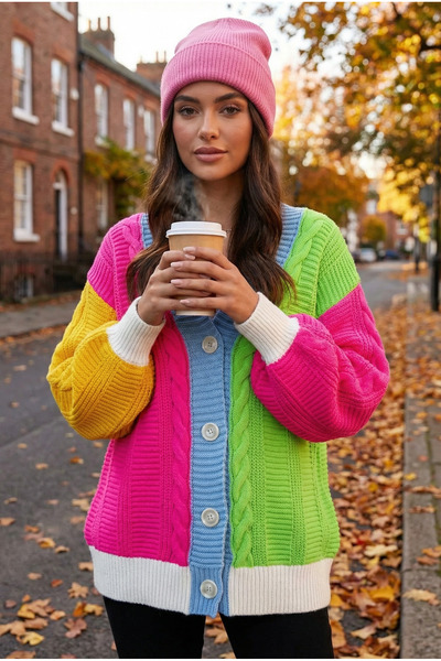 FEMELLE Women's Oversize Knitwear Cardigan Multi-Colored Loose Block Patterned