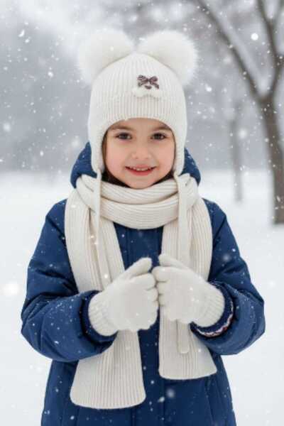 Aware Time Kitti 4-8 Years Old Girl's Accessories Set with Fleece Inside Scarf Beanie Gloves 3-Piece Set