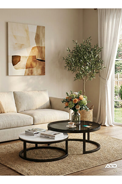 AGD 2-Piece Modern Nesting Round Coffee Table Set, Black/White