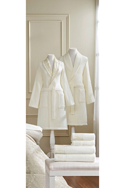 Özdilek Flower Land Family Bathrobe Set 6 Pieces Beige Cream-Cream
