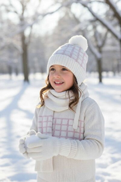 Aware Time Kitti 4-8 Years Old Girl's Fleece Scarf Beanie Gloves 3-Piece Set