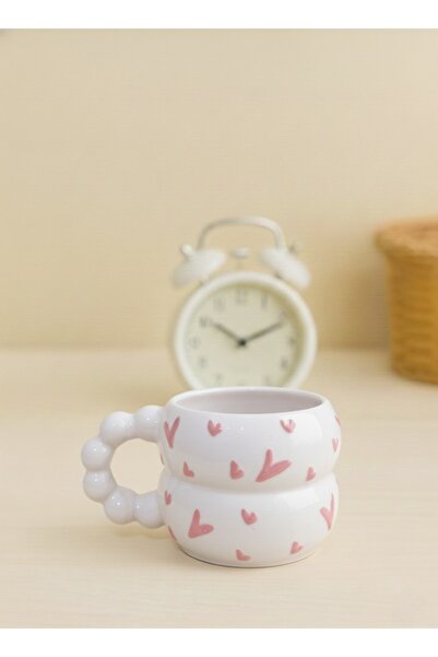 İZart Custom Embossed Handmade Ceramic Mug with Bead Handle Katmer Pink Heart