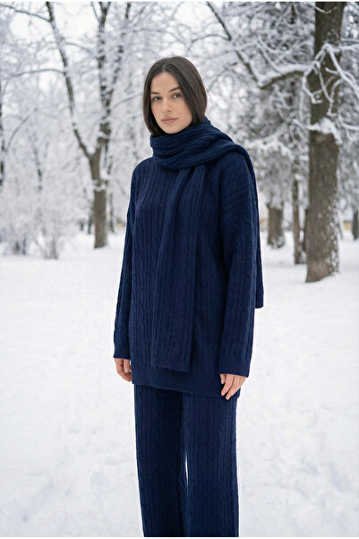 Kirazca Butik Women's Navy Blue Scarf Hair Braided Knitwear Trouser Set