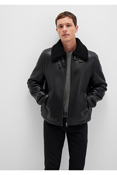 Mavi Μαύρο μπουφάν από συνθετικό δέρμα με λεπτομέρεια από ψεύτικη γούνα, κανονική εφαρμογή / κανονική εφαρμογή 0110670-71379