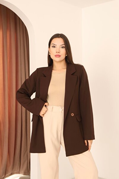 Hazel سترة بليزر بنية اللون بأزرار مزدوجة