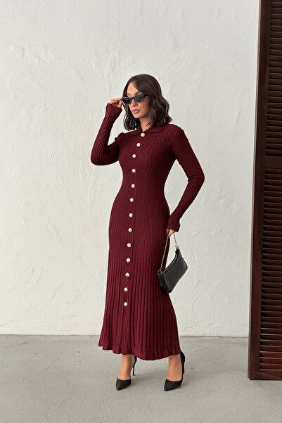 Lusin Women's Burgundy Gold Button Detailed Corded Fabric Long Knitwear Dress