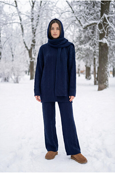 Kirazca Butik Women's Navy Blue Scarf Hair Braided Knitwear Trouser Set