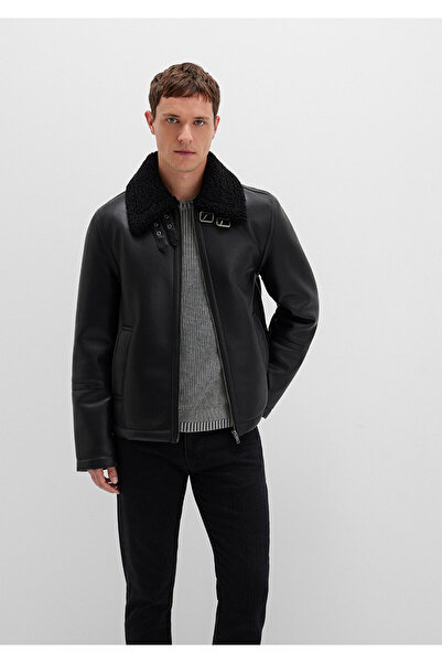 Mavi Μαύρο μπουφάν από συνθετικό δέρμα με λεπτομέρεια από ψεύτικη γούνα, κανονική εφαρμογή / κανονική εφαρμογή 0110670-71379